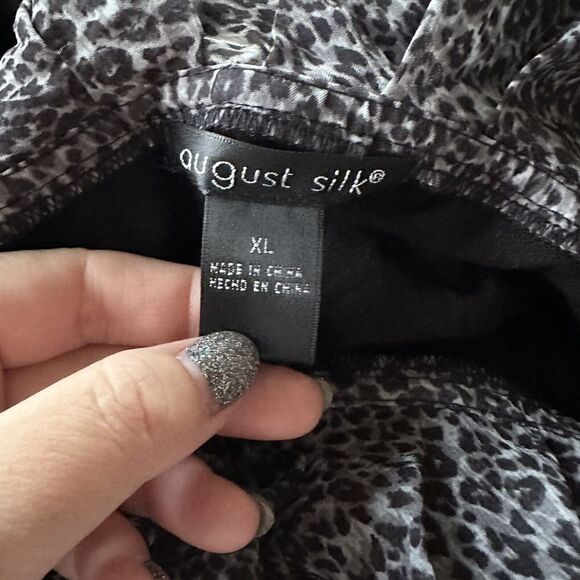 Womens August Silk Blend Snow Leopard Ruffle Collar Sweater Sz XL Black - Picture 4 of 5